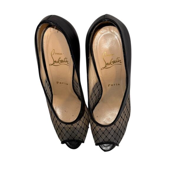 Christian Louboutin Resillana Black Leather & Mesh Peep Toe Heels Size 38.5 - Picture 3 of 13